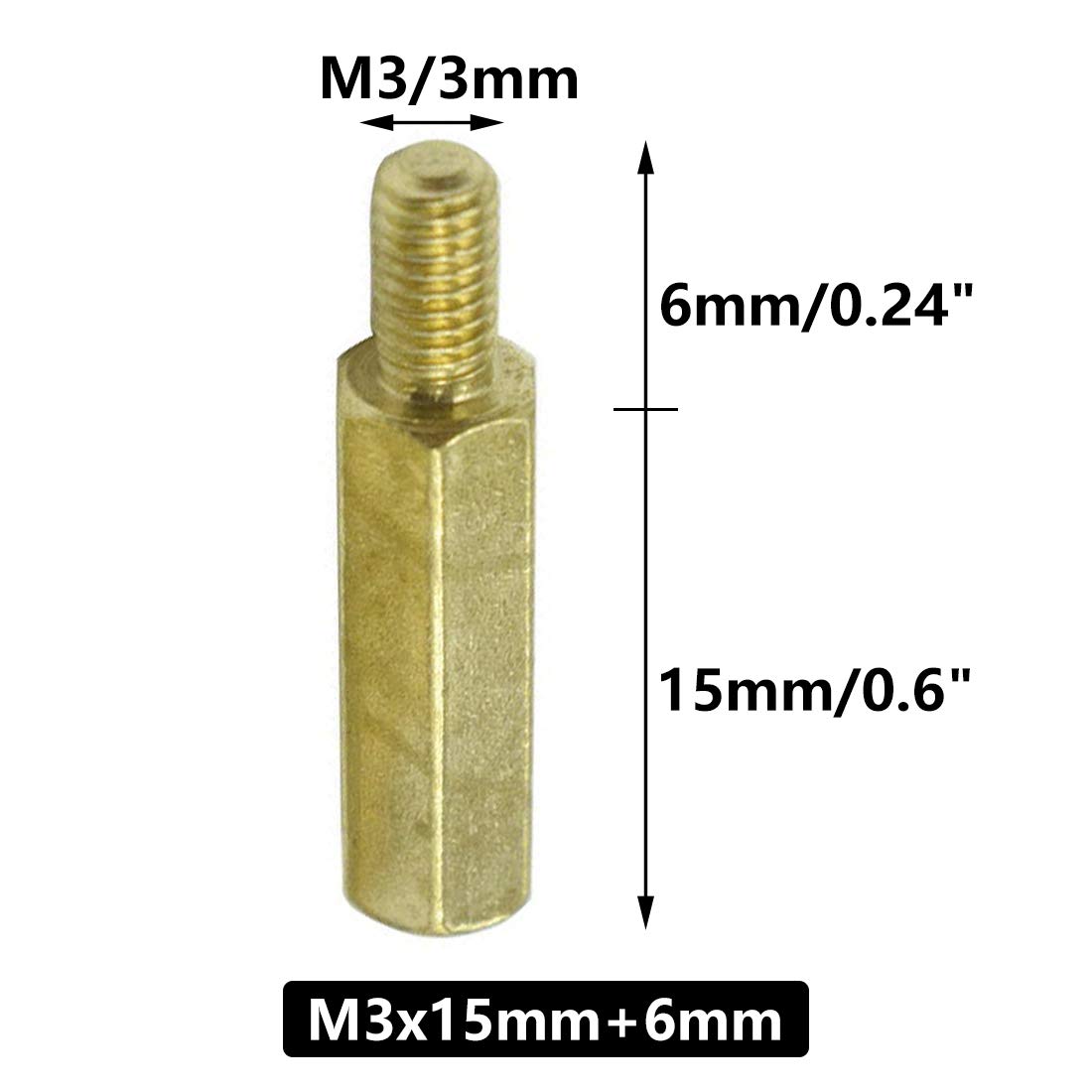 Hxchen M3 x 15mm + 6mm Male to Female Thread Brass Hexagon Hex Standoff Spacer Pillars - (20 Pcs)